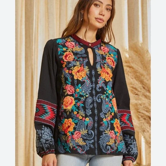 Savanna Jane Women's Embroidered Floral Boho Long Sleeve Top Large - Picture 1 of 10